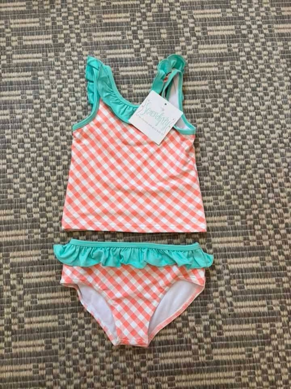 Girls' Coral Gingham Tankini with Mint Ruffle Trim